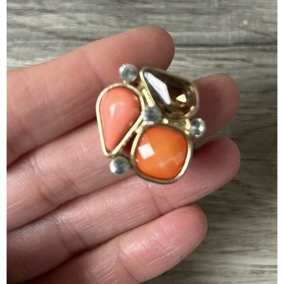 VTG Stretch Band Ring Cocktail Costume Jewelry Silver Orange Abstract One Size - Picture 1 of 4